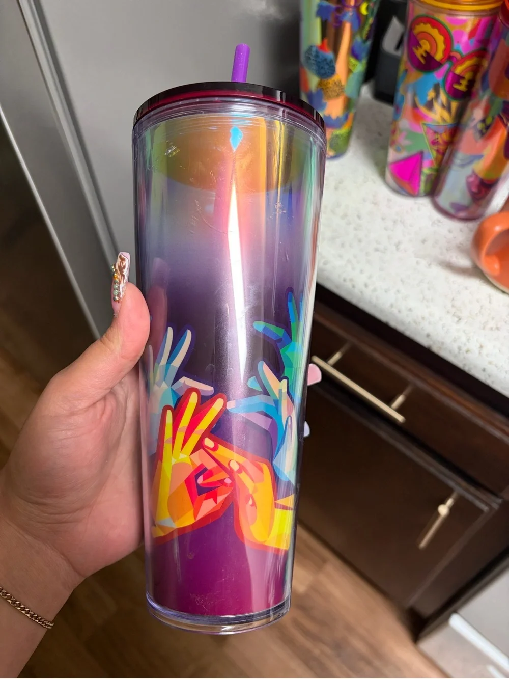 Starbucks Iridescent Purple Rainbow Hand-Sign Tumbler with Pink Straw